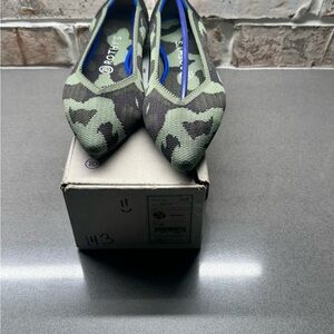 Rothy's Pointed Camouflage Knit Flats in Green and Black